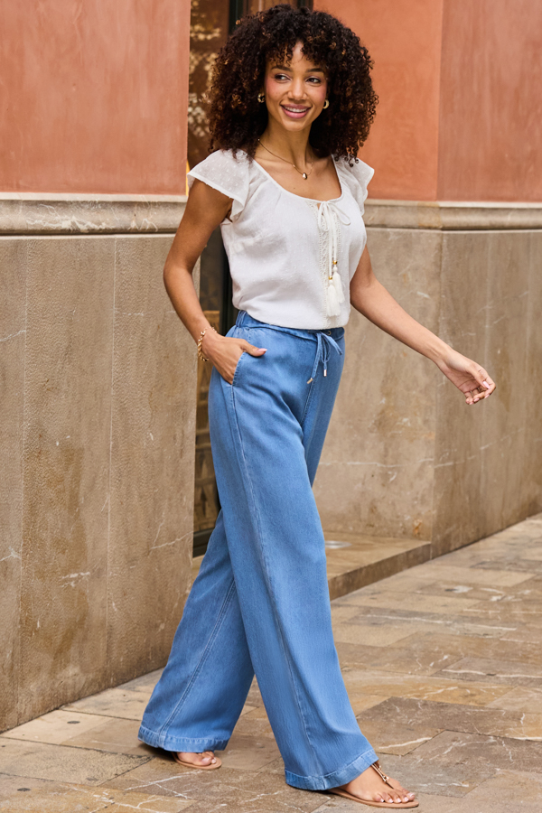Light Wash Soft Denim Drawstring Waist Wide Leg Trousers