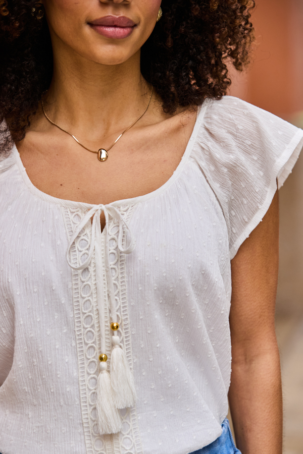 White Dobby Spot Tie Neck Top