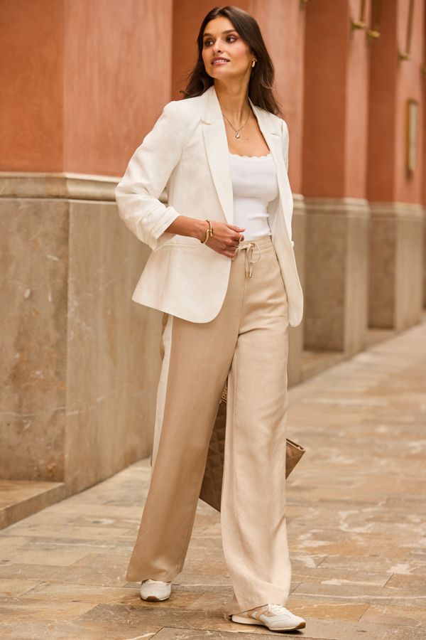 Ivory Ruched Sleeve Linen Blend Blazer
