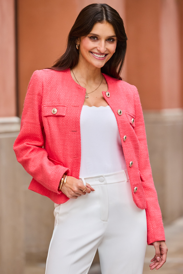 Coral Collarless Boucle Jacket With Gold Button Detail