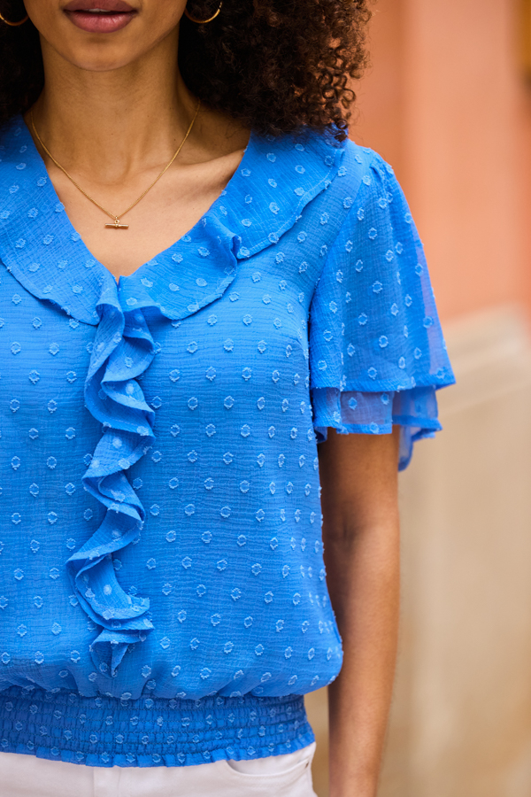 Cobalt Blue Dobby Spot Ruffle Front Blouse