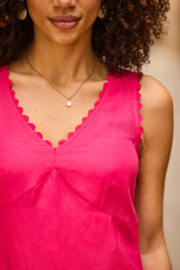 Pink Linen Blend Scallop Trim Shift Dress