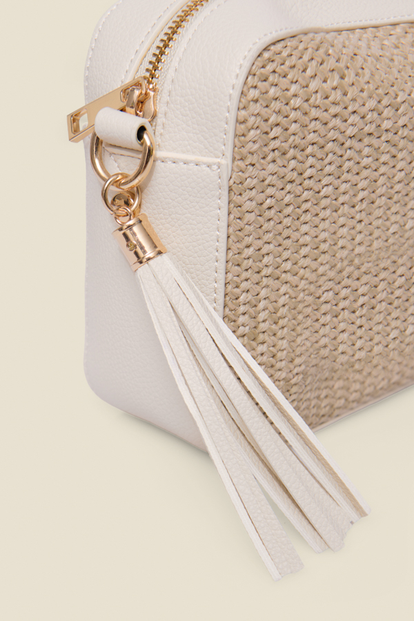Natural Raffia & Ivory Trim Cross Body Bag