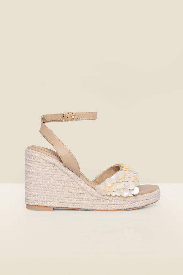 Ivory Shell Trim Raffia Wedge Espadrilles