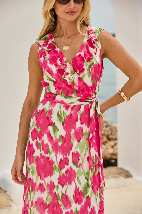 Pink Floral Print Ruffle Hem Wrap Dress