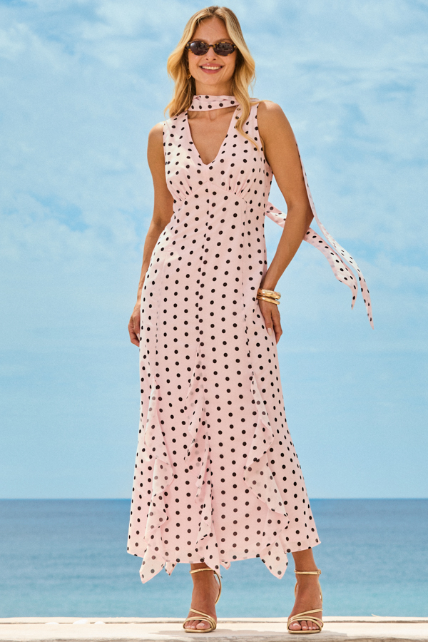 Pink Polka Dot Ruffle Detail Maxi Dress With Neck Scarf