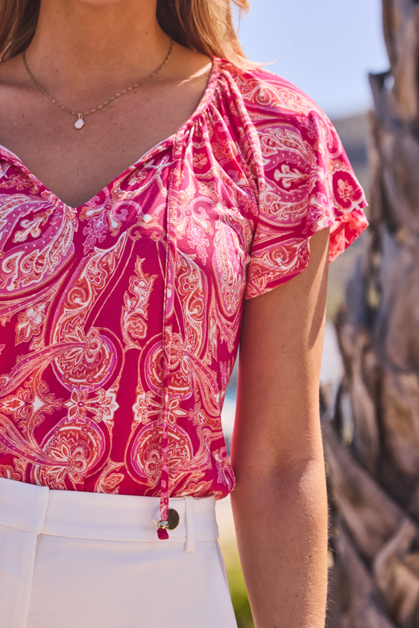 Pink Paisley Print Ruffle Sleeve Tie Neck Top
