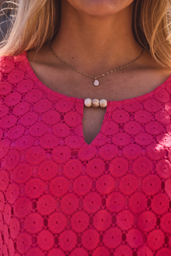 Coral Crochet Shirred Hem Keyhole Detail Top