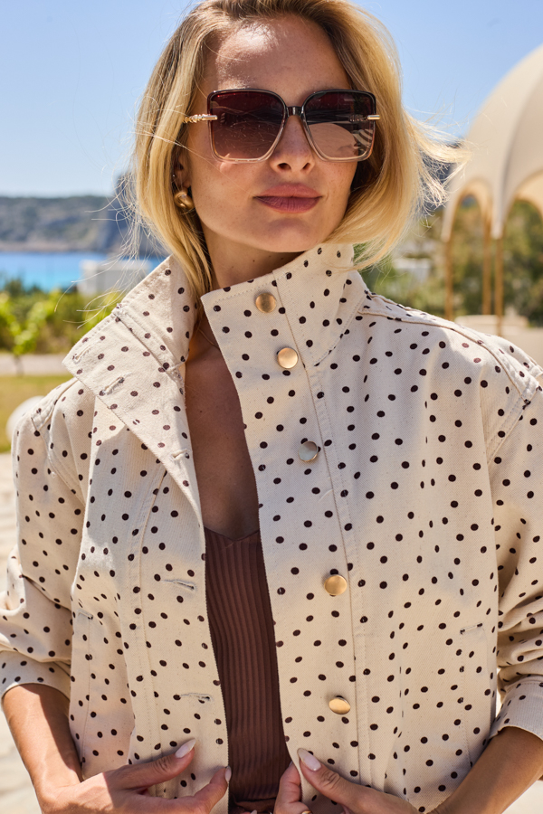 Cream & Brown Polka Dot Funnel Neck Denim Jacket