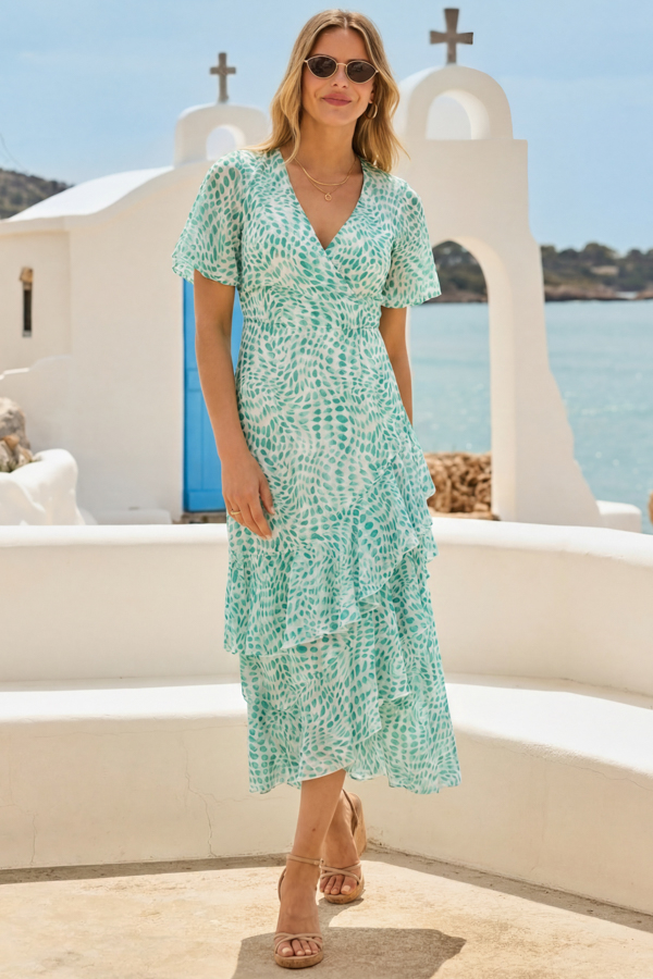 Green Abstract Print Layered Hem Angel Sleeve Maxi Dress