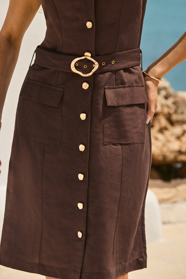 Chocolate Brown Linen Blend Button Front Dress