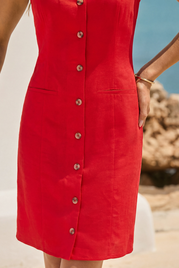 Red Linen Blend Button Front Shift Dress