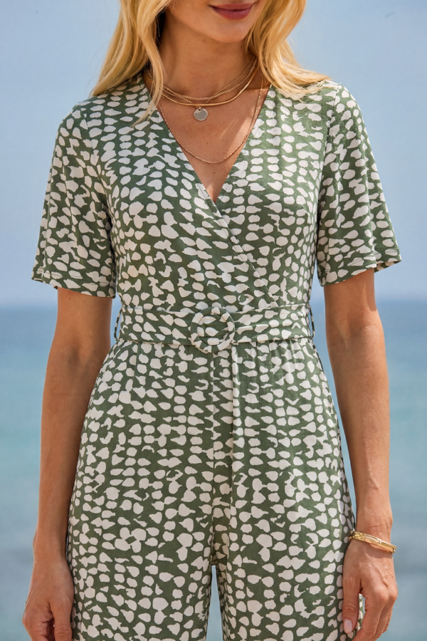 Petite Sage Green & Ivory Geometric Spot Print Belted Jumpsuit