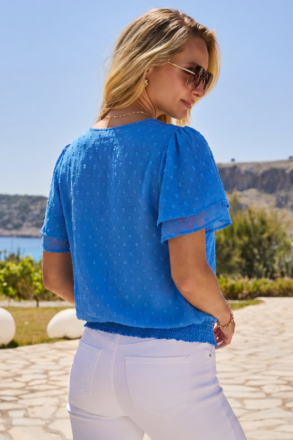 Cobalt Blue Dobby Spot Ruffle Front Blouse