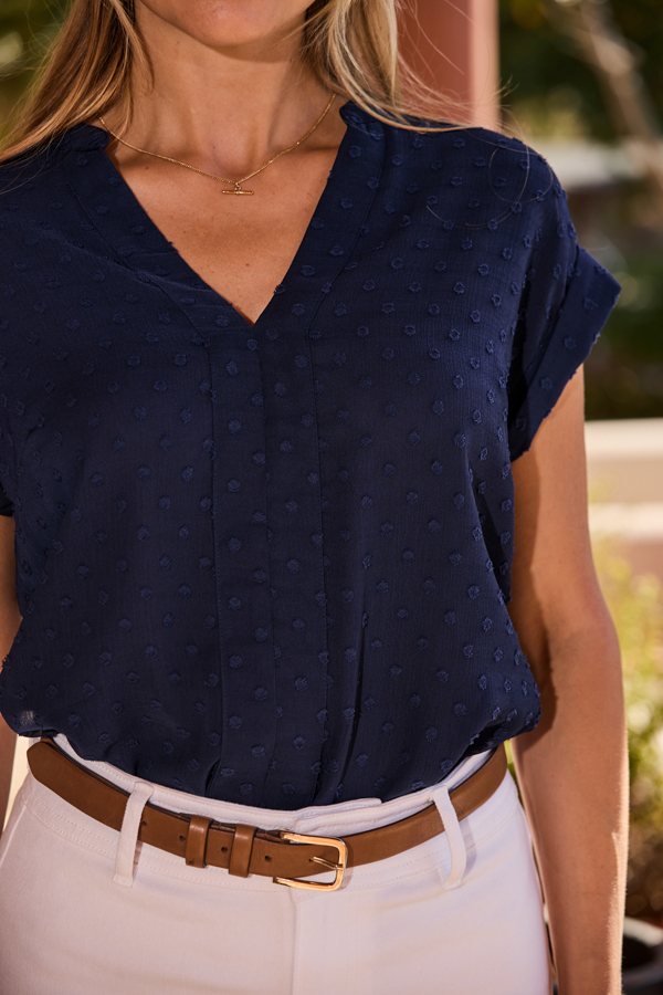 Navy Blue Dobby Spot Textured Top