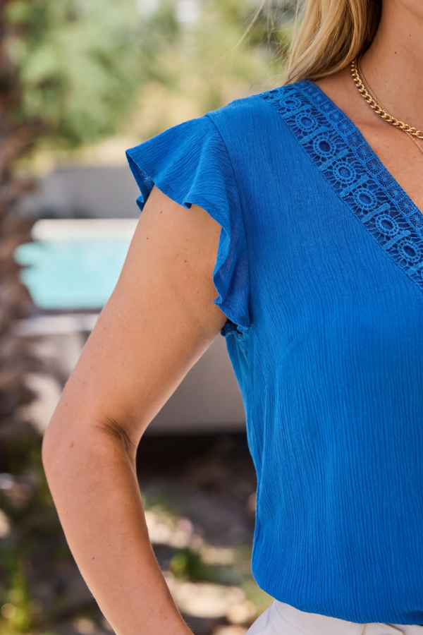 Cobalt Blue Crinkle Lace Detail Ruffle Sleeve Top