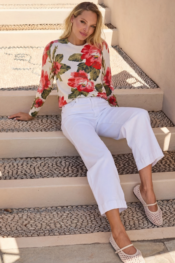 Cream & Pink Floral Print Jumper With Gold Buttons