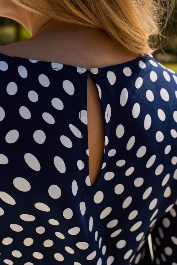 Navy Blue & White Spot Print Shirred Hem Top
