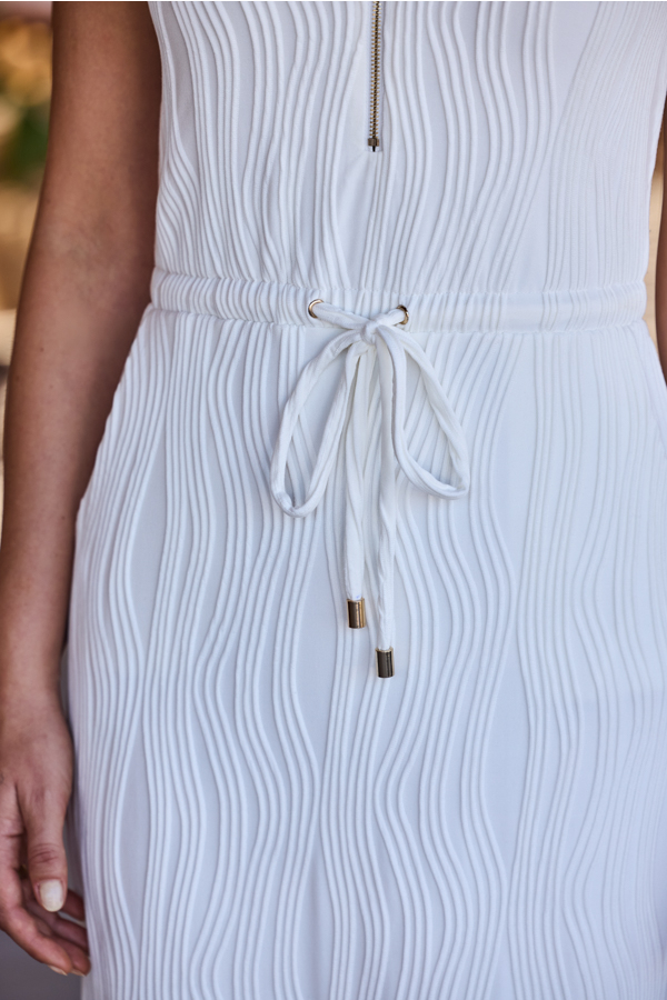 White Wavy Textured Drawstring Waist Dress
