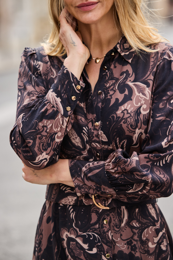 Black & Brown Paisley Print Belted Shirt Dress