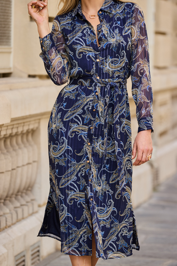 Navy Blue Paisley Print Belted Shirt Dress