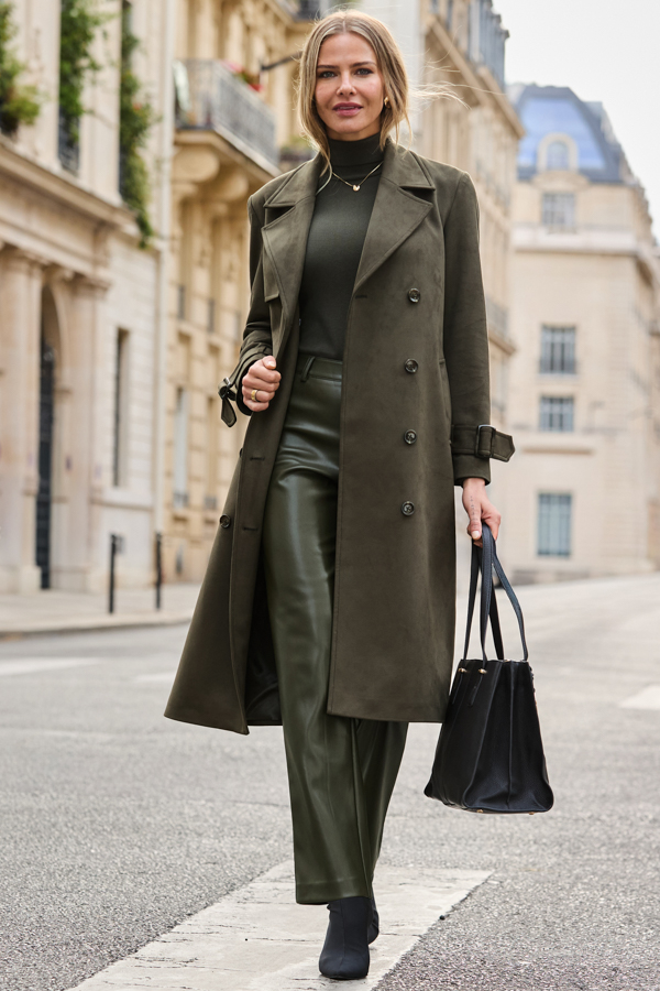Khaki Green Faux Suede Longline Trench Coat