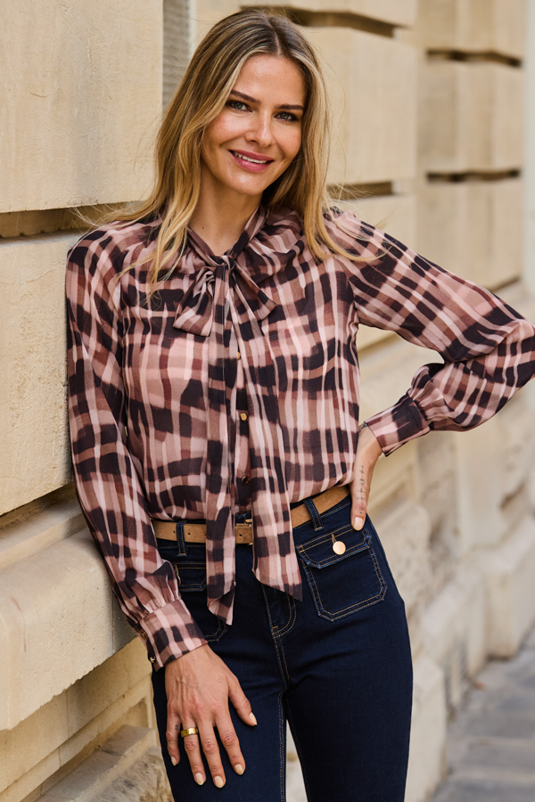 Brown Check Print Tie Neck Blouse
