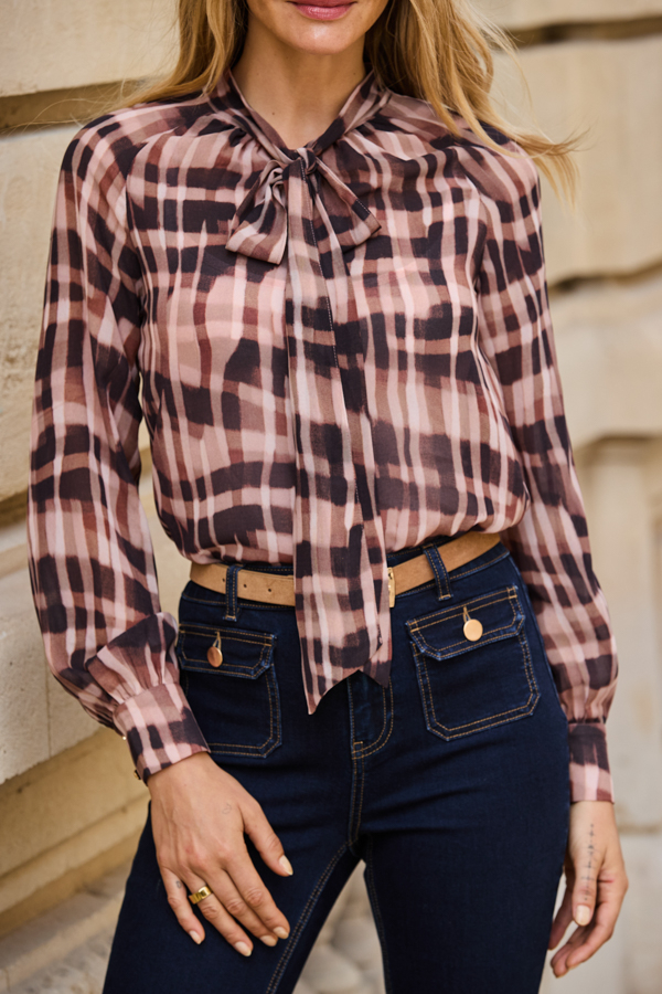 Brown Check Print Tie Neck Blouse
