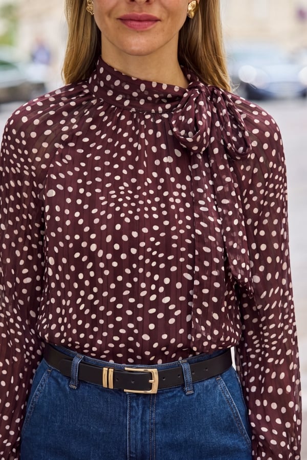Burgundy Spot Print Satin Tie Detail Blouse