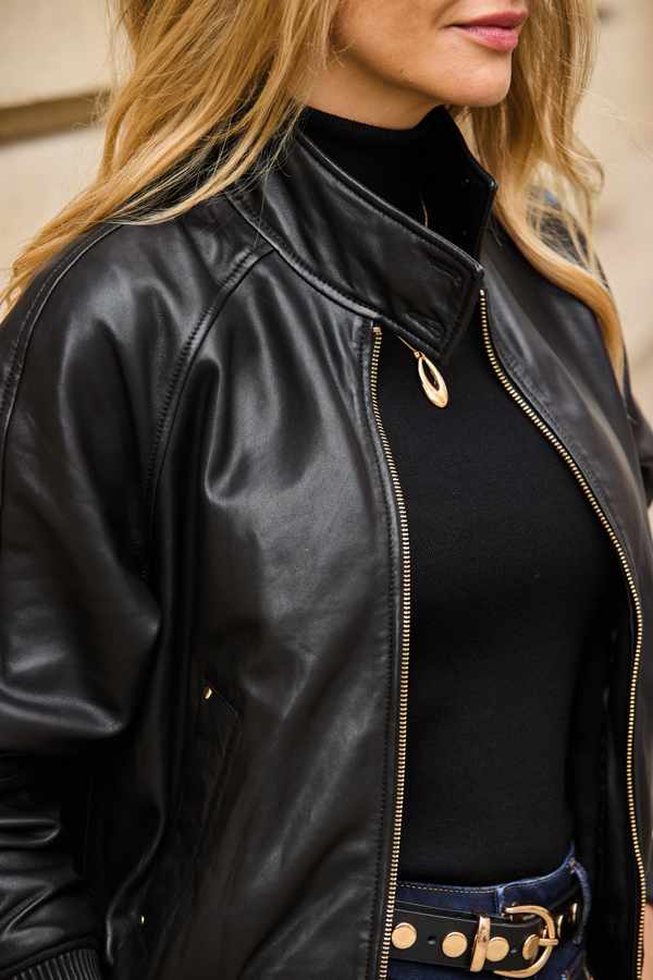 Black Leather Funnel Collar Bomber Jacket