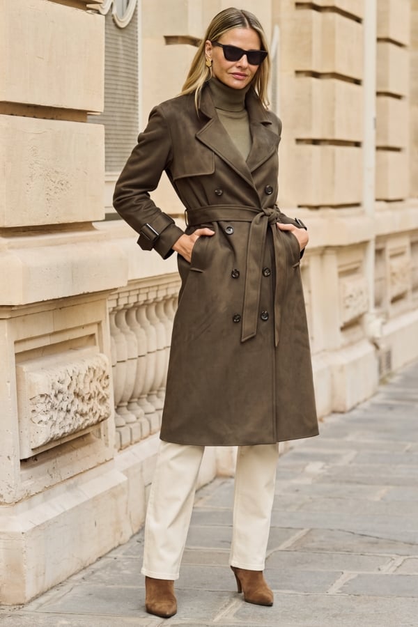 Khaki Green Faux Suede Longline Trench Coat