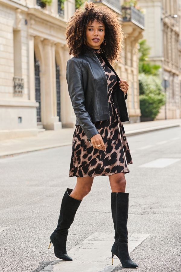 Black Leather Zip Front Jacket With Stand Collar