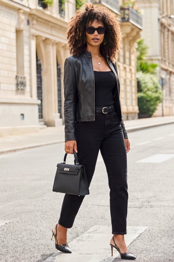 Black Leather Zip Front Jacket With Stand Collar
