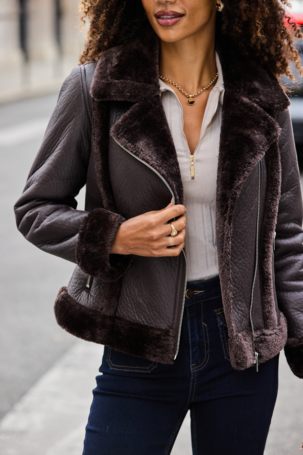 Chocolate Brown Faux Shearling Aviator Jacket