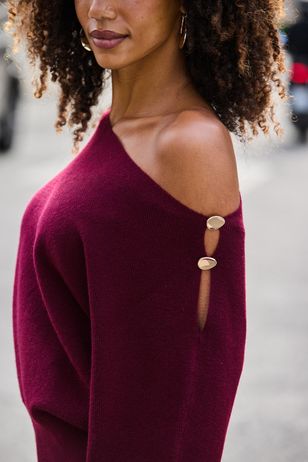 Burgundy Off The Shoulder Jumper With Gold Detail