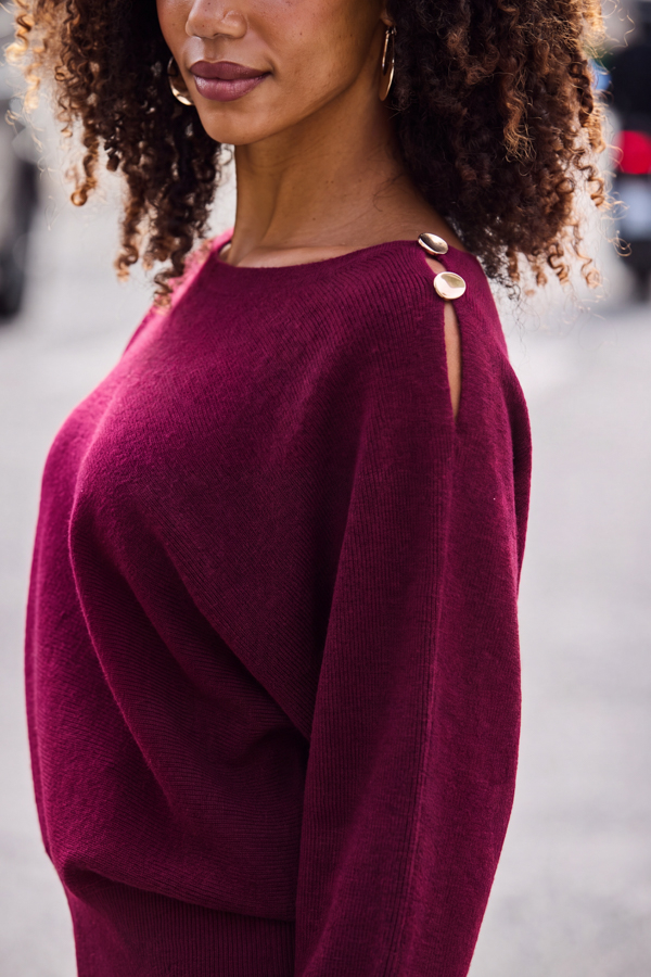 Burgundy Slash Neck Shoulder Jumper With Gold Detail