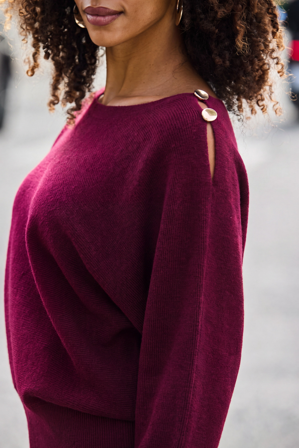 Burgundy Slash Neck Shoulder Jumper With Gold Detail