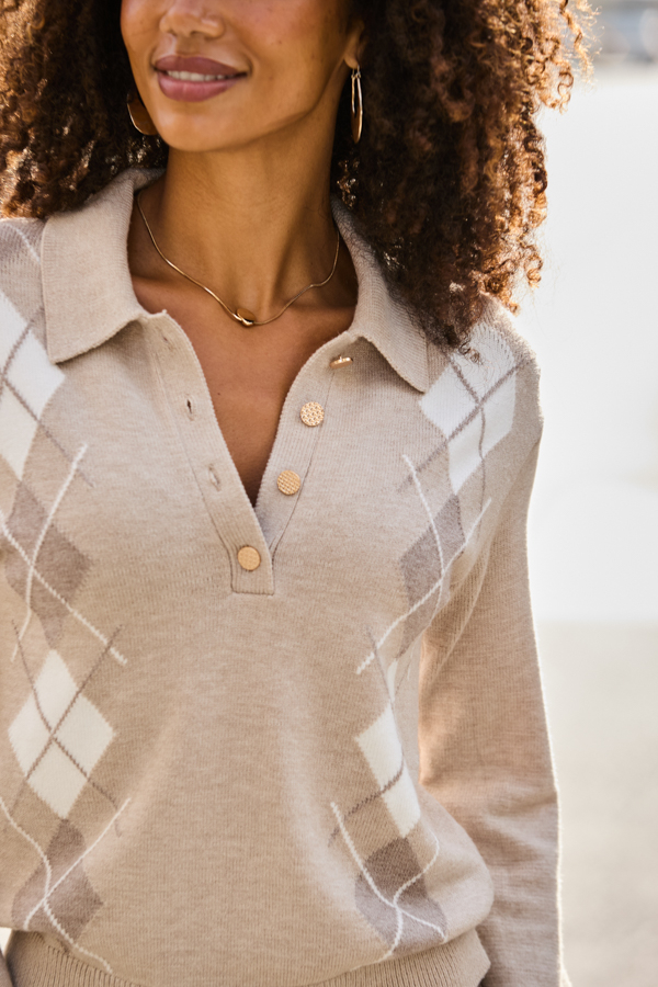 Taupe Argyle Button Front Collared Jumper