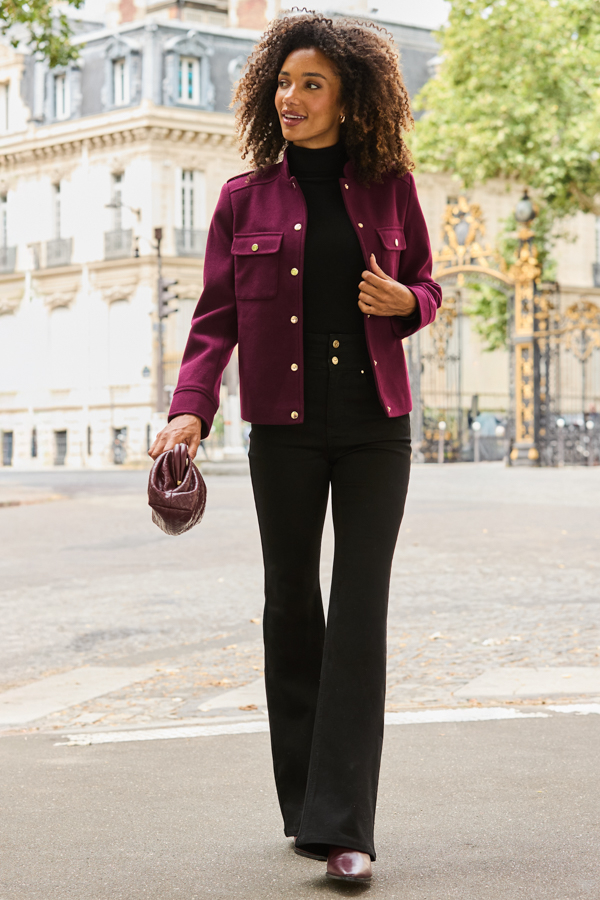 Burgundy Mandarin Collar Jacket With Gold Buttons