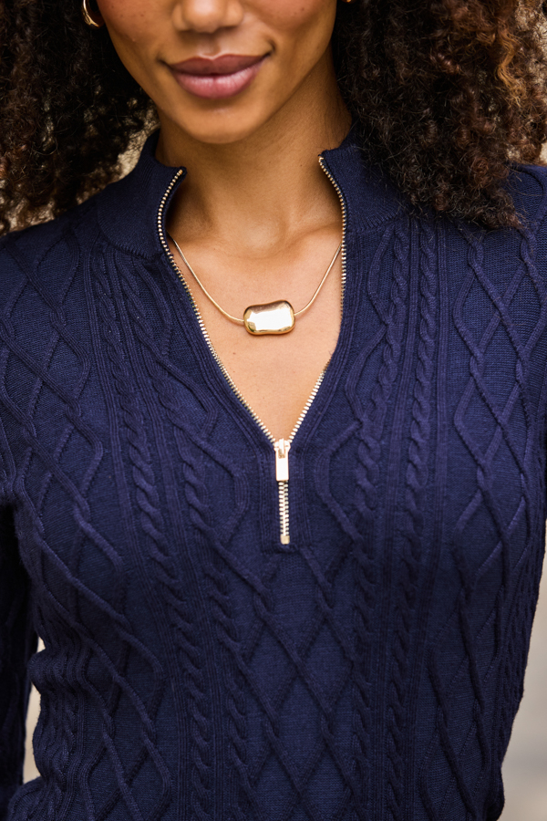 Navy Blue Zip Funnel Neck Cable Knit Jumper