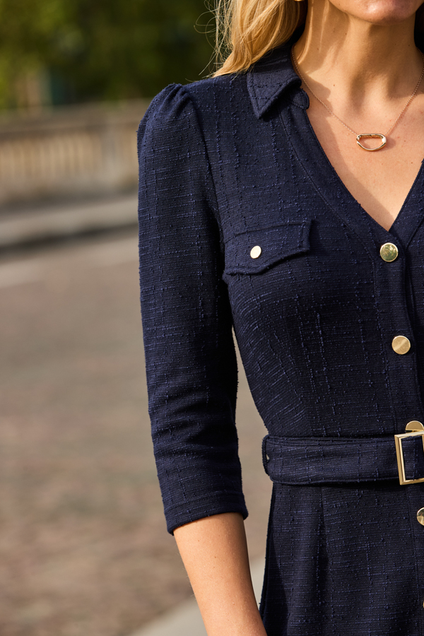Navy Blue Boucle Belted Fit & Flare Dress