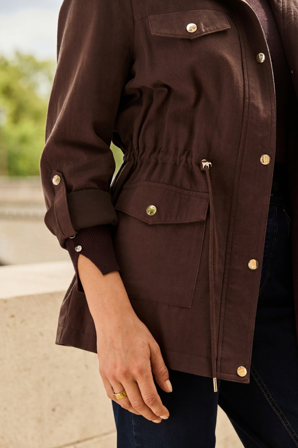 Chocolate Brown Cinched Waist Funnel Neck Jacket