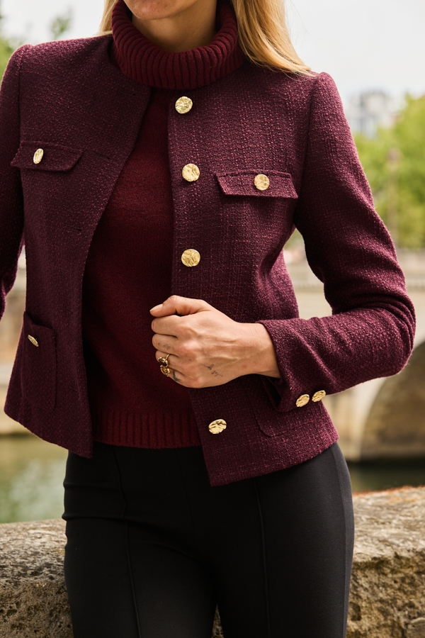 Burgundy Boucle Collarless Jacket