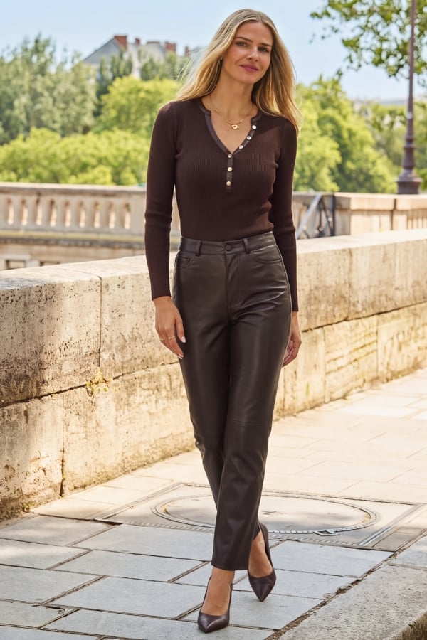 Chocolate Brown Button Front Knitted Top With Faux Leather Trim