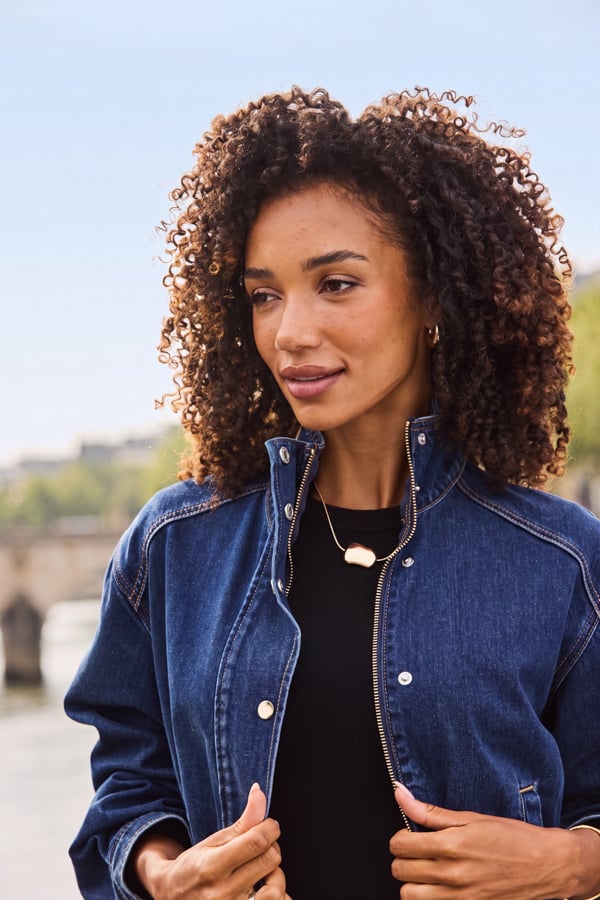Dark Indigo Funnel Neck Denim Bomber Jacket