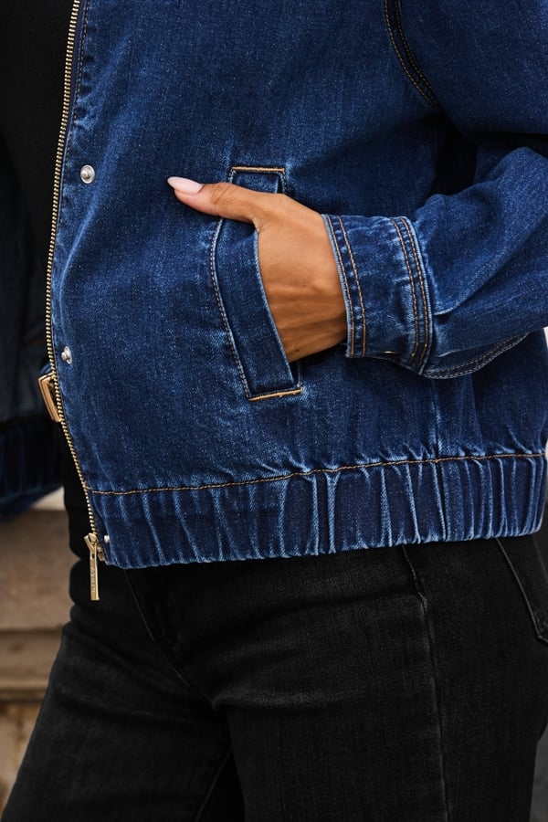 Dark Indigo Funnel Neck Denim Bomber Jacket