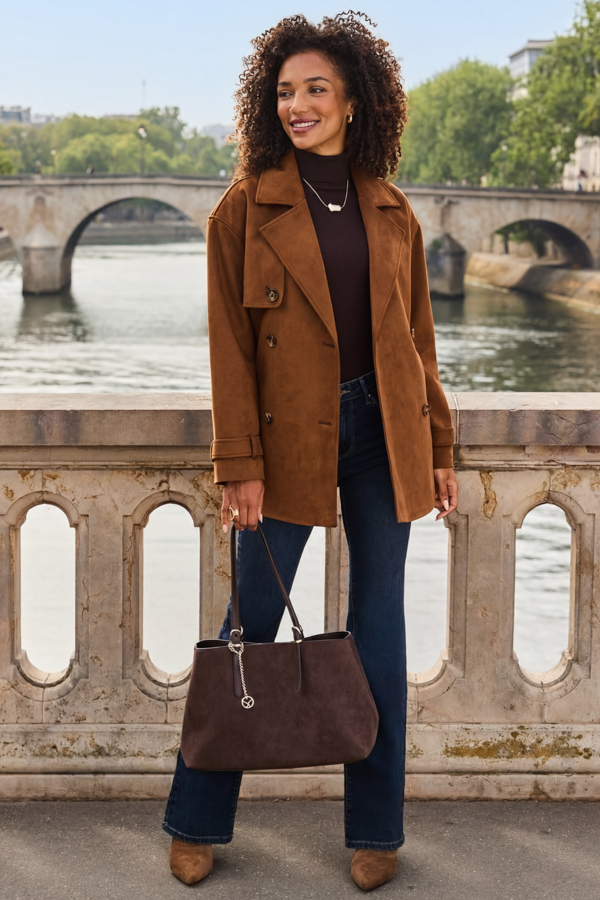 Tan Faux Suede Mid Length Trench Coat