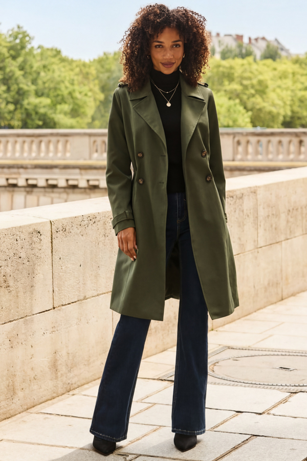 Olive Green Cinched Waist Trench Coat
