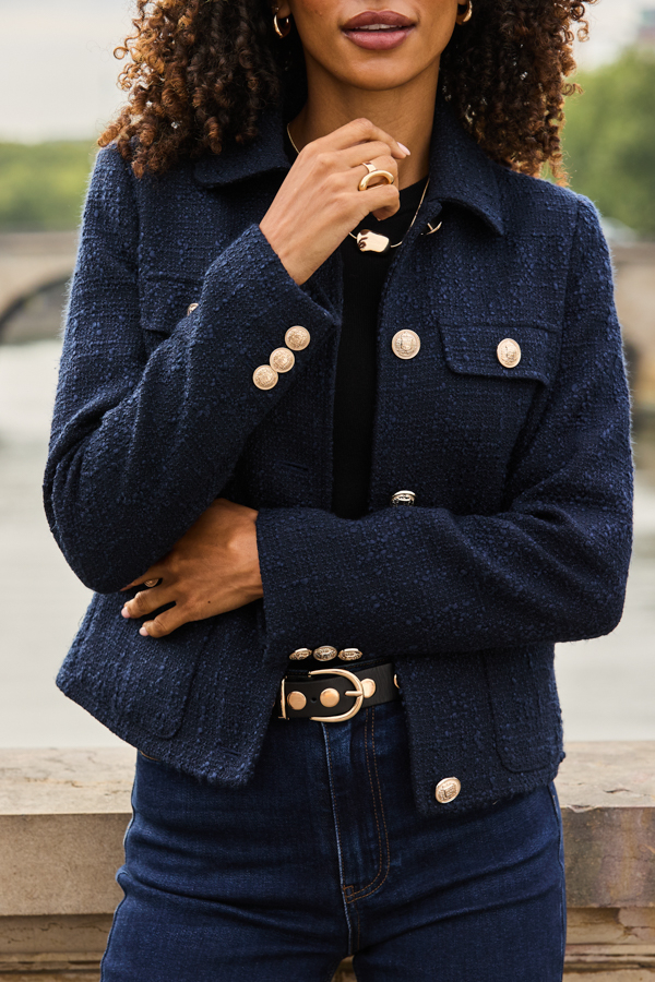 Navy Blue Boucle Jacket With Gold Buttons