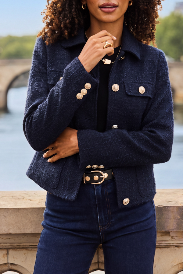Navy Blue Boucle Jacket With Gold Buttons